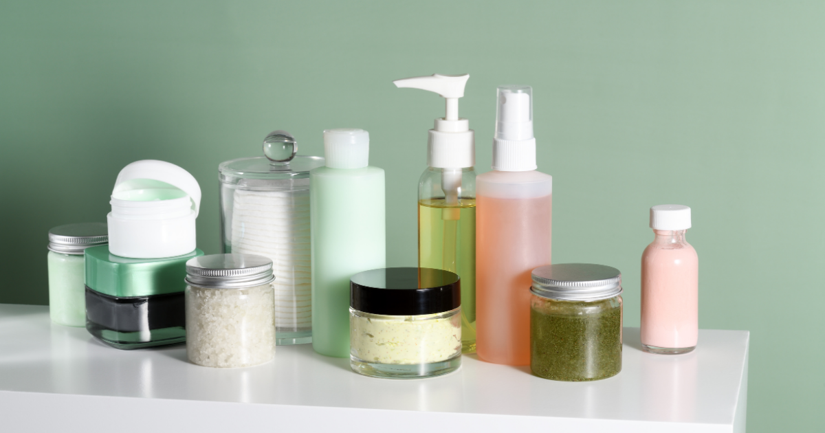 A variety of non-branded personal care products in jars and bottles